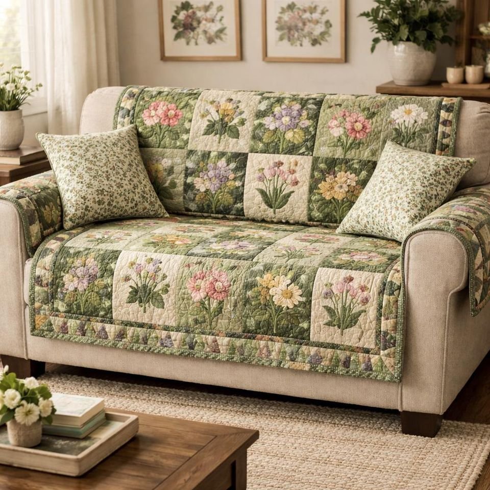 Personalized Floral Garden Quilted Sofa Cover, Floral Sofa Cover, Patchwork Couch Throw, Sofa Protector, Holiday Sofa Decor QUILTSOFA21