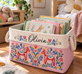 Swedish Dala Horse Book Storage Basket, Pink Folk Art Canvas Toy Bin, Custom Boook Basket BBPETAL32