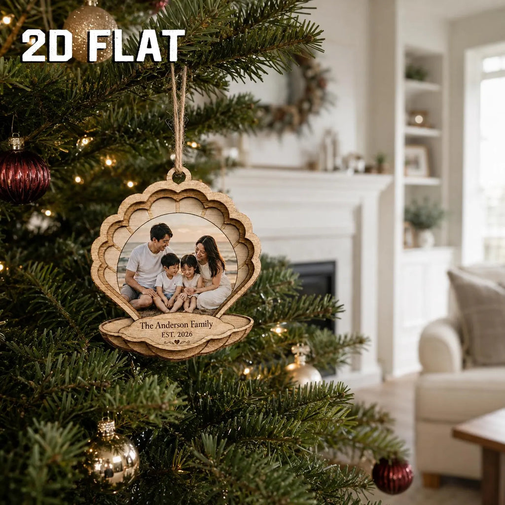 Personalized Photo Christmas 2d Flat Ornament, Custom Family Wooden Ornament 2026, Seashell Photo Keepsake, Family Name Gift 	COPETAL08