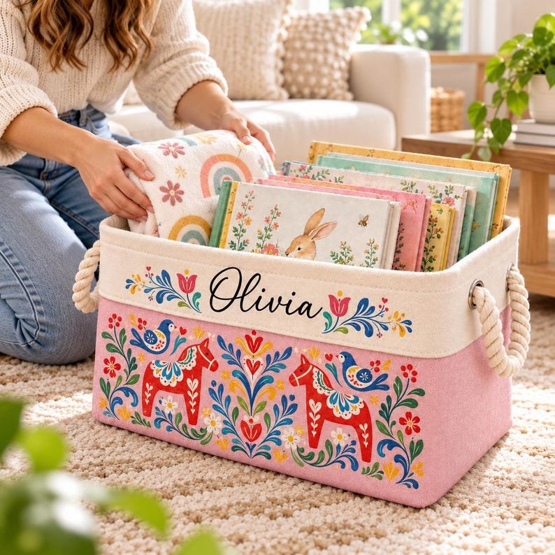 Swedish Dala Horse Book Storage Basket, Pink Folk Art Canvas Toy Bin, Custom Boook Basket BBPETAL32