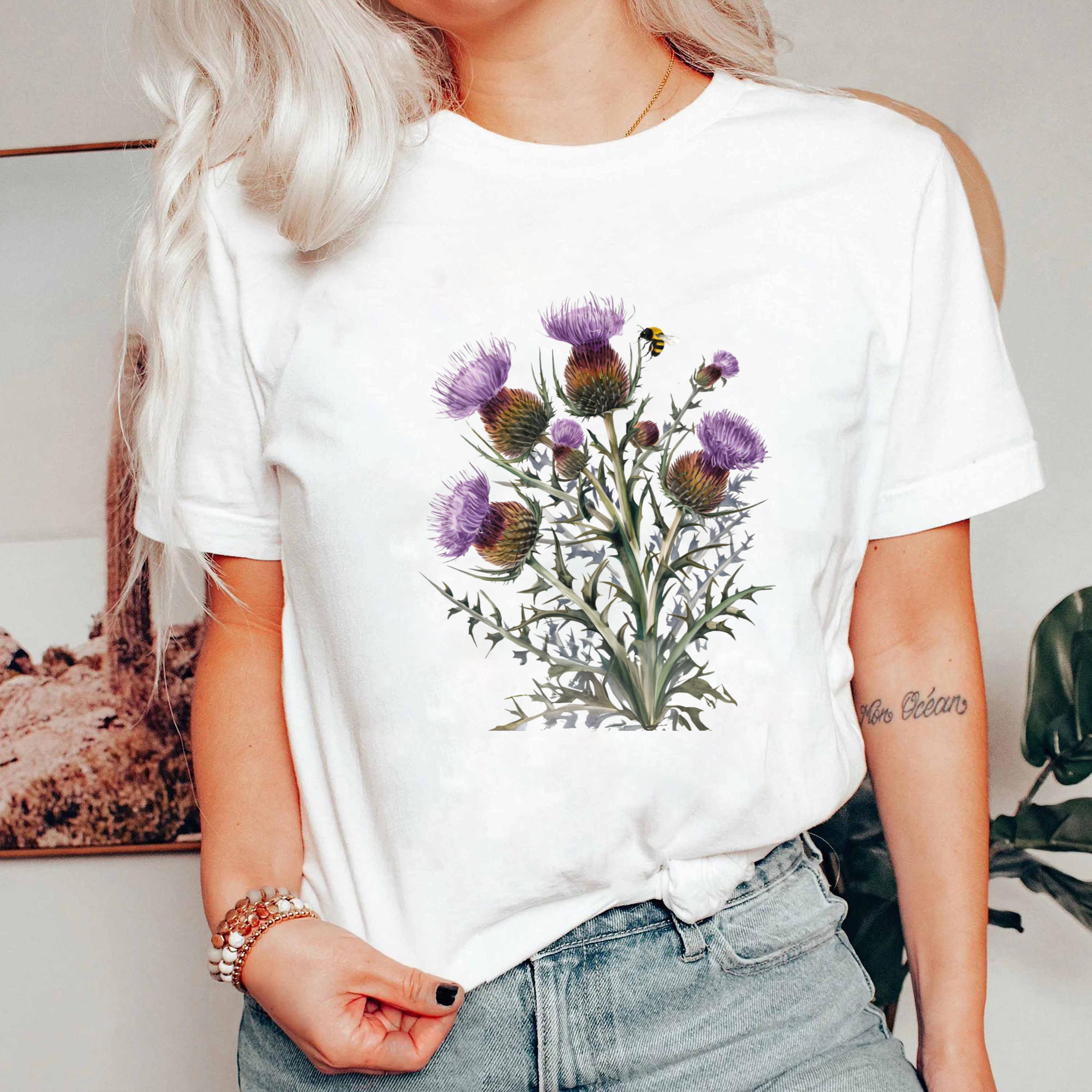 Vintage Thistle Shirt, Botanical Wildflower Tee, Scottish Flower Graphic T-Shirt, Retro Nature Top, Aesthetic Floral Shirt