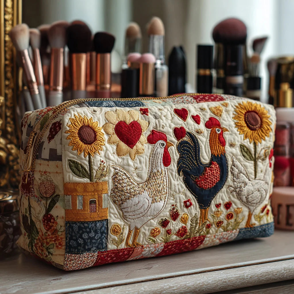 Quilted Farmhouse Chicken Makeup Bag, Rustic Rooster & Sunflower Cosmetic Pouch, Travel Toiletry Organizer – QMBPETAL26