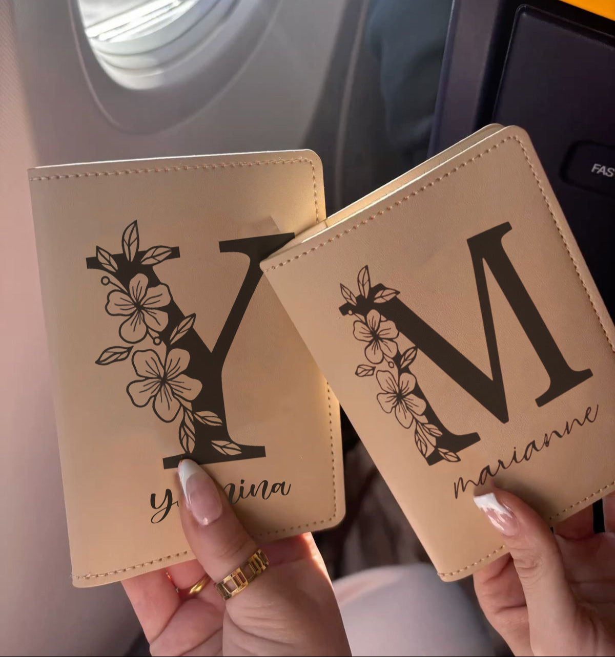 Personalized Leather Passport Cover, Custom Name Flower Alphabet Passport Holder, Travel Wallet Gift for Women Travelers