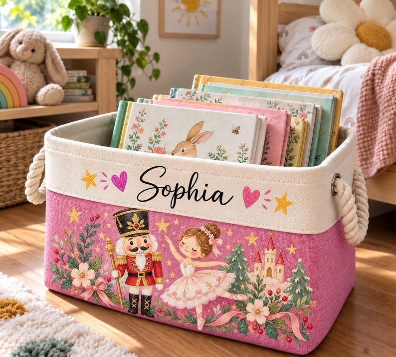 Personalized Nutcracker Ballerina Book Storage Basket, Custom Name Pink Nursery Toy Fabric Bin BBPETAL33