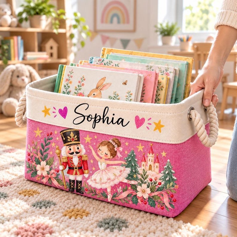 Personalized Nutcracker Ballerina Book Storage Basket, Custom Name Pink Nursery Toy Fabric Bin BBPETAL33