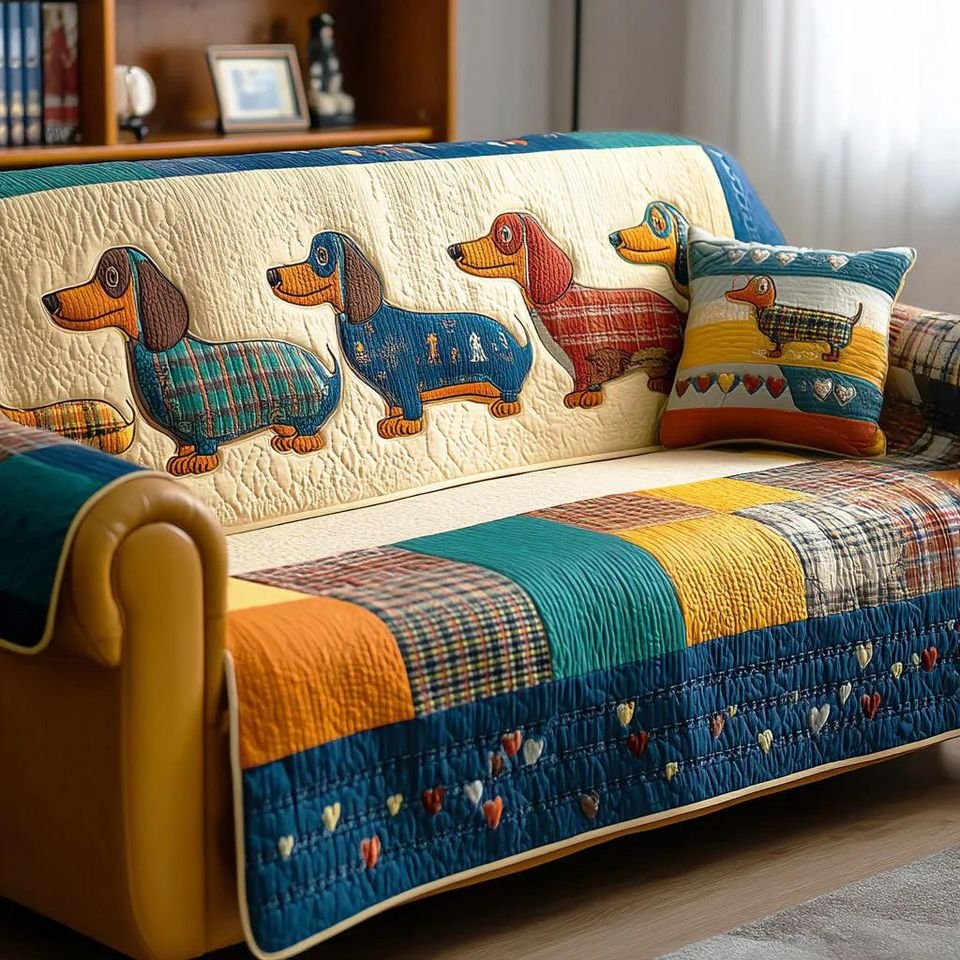 Personalized Dachshund Pattern Quilted Sofa Cover, Dachshund Sofa Cover, Patchwork Couch Throw, Sofa Protector, Holiday Sofa Decor QUILTSOFA22