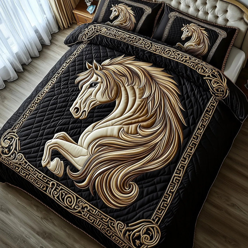 Noble Horse Quilted Bedding Set, Horse Bedspread with Pillowcases, Festive Winter Bedroom Decor, Bedding Decor PTBED58