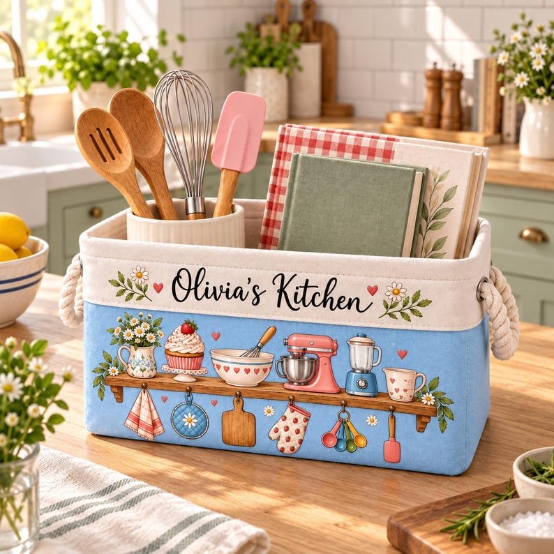 Personalized Fabric Storage Basket, Floral Kitchen Counter Organizer, Kitchen Basket Decor BBPETAL34