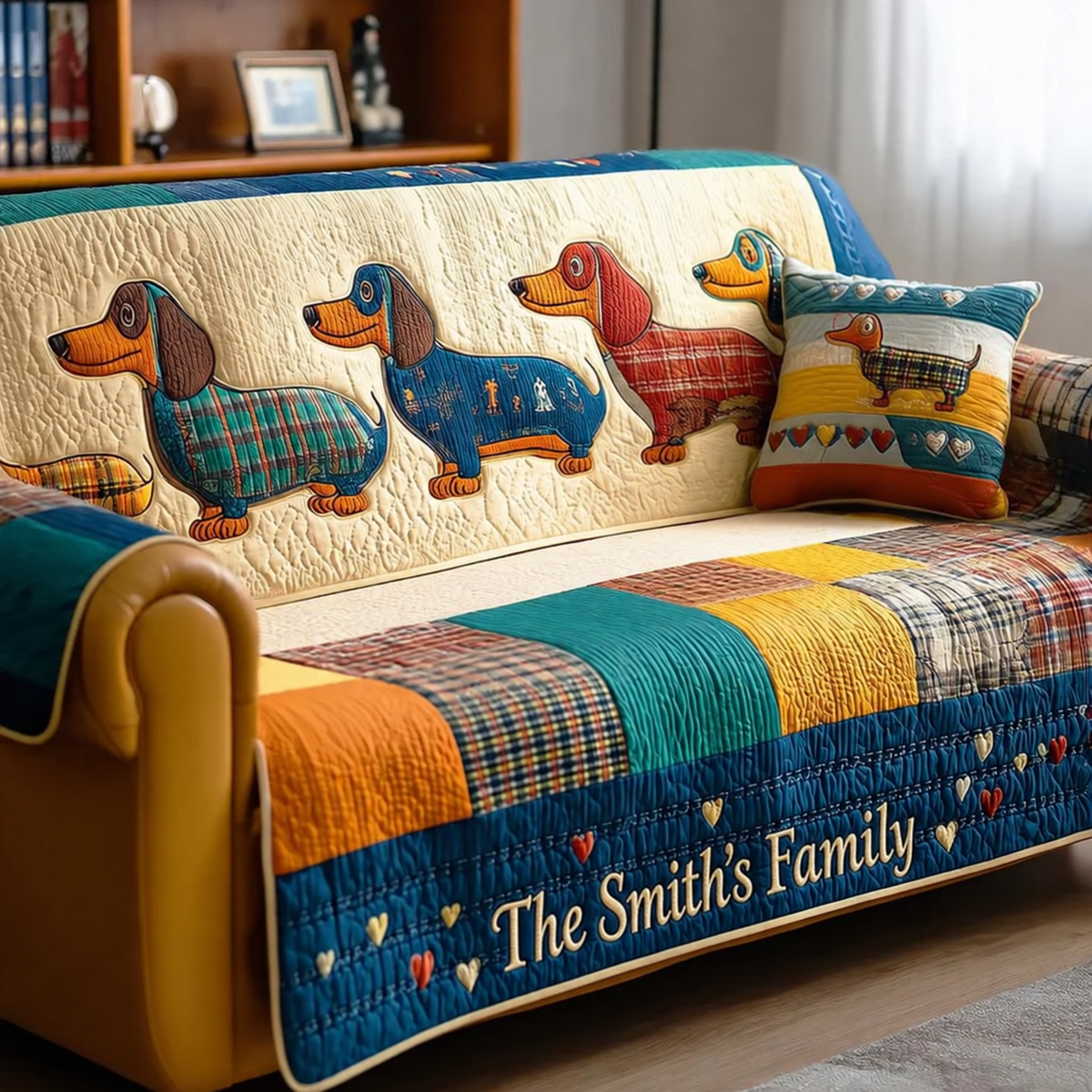 Personalized Dachshund Pattern Quilted Sofa Cover, Dachshund Sofa Cover, Patchwork Couch Throw, Sofa Protector, Holiday Sofa Decor QUILTSOFA22