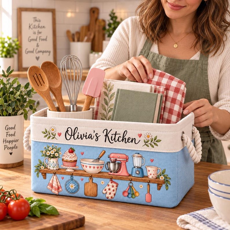 Personalized Fabric Storage Basket, Floral Kitchen Counter Organizer, Kitchen Basket Decor BBPETAL34