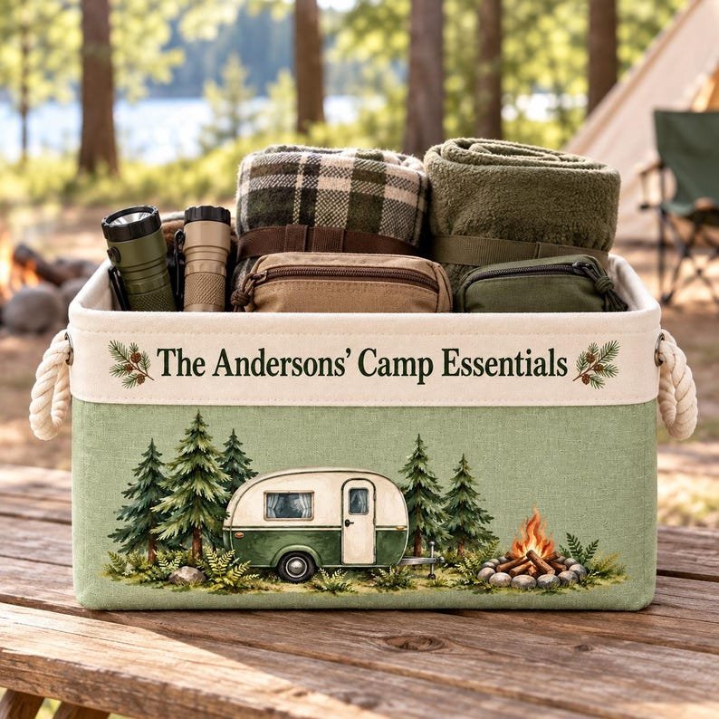 Personalized Fabric Storage Basket, Sage Green Camper Print with Rope Handles for Camping Gear BBPETAL35