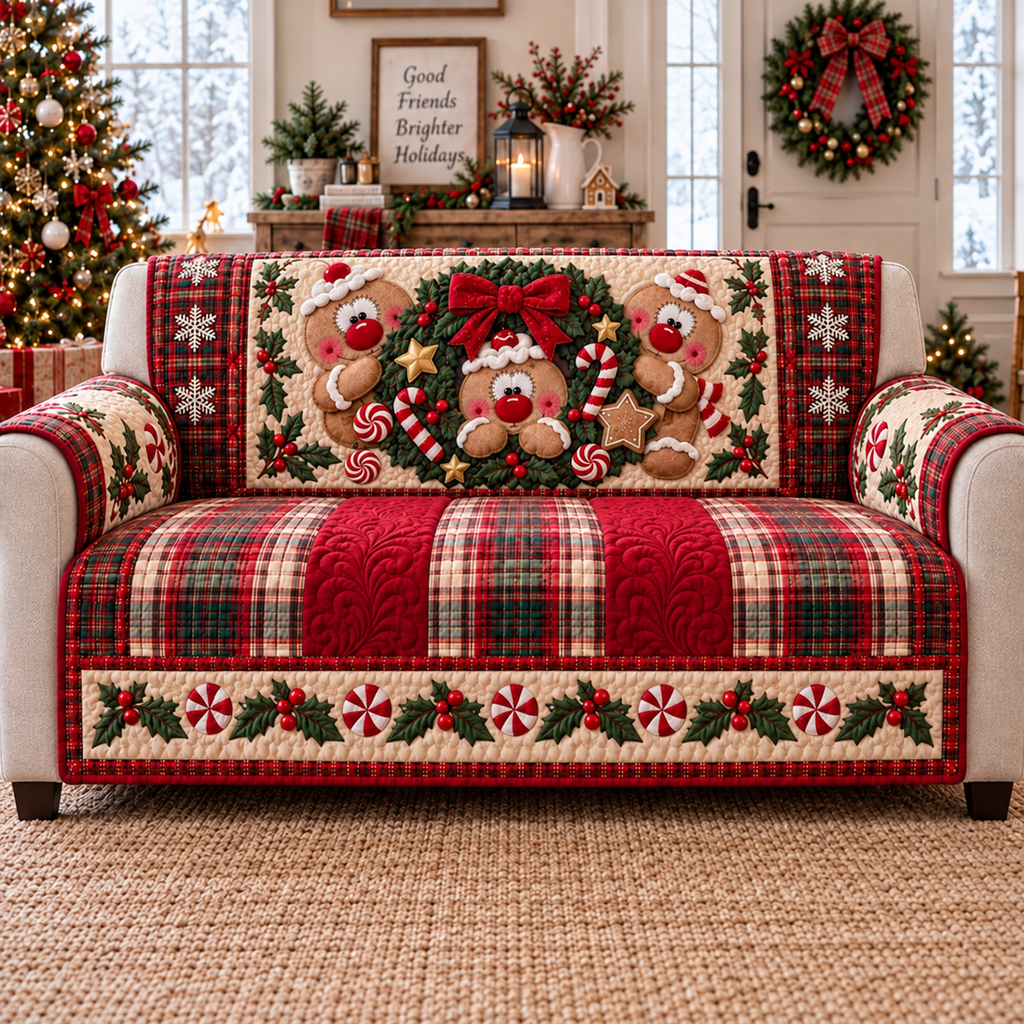 Personalized Gingerbread Christmas Pattern Quilted Sofa Cover, Gingerbread Sofa Cover, Patchwork Couch Throw, Sofa Protector, Holiday Sofa Decor QUILTSOFA23