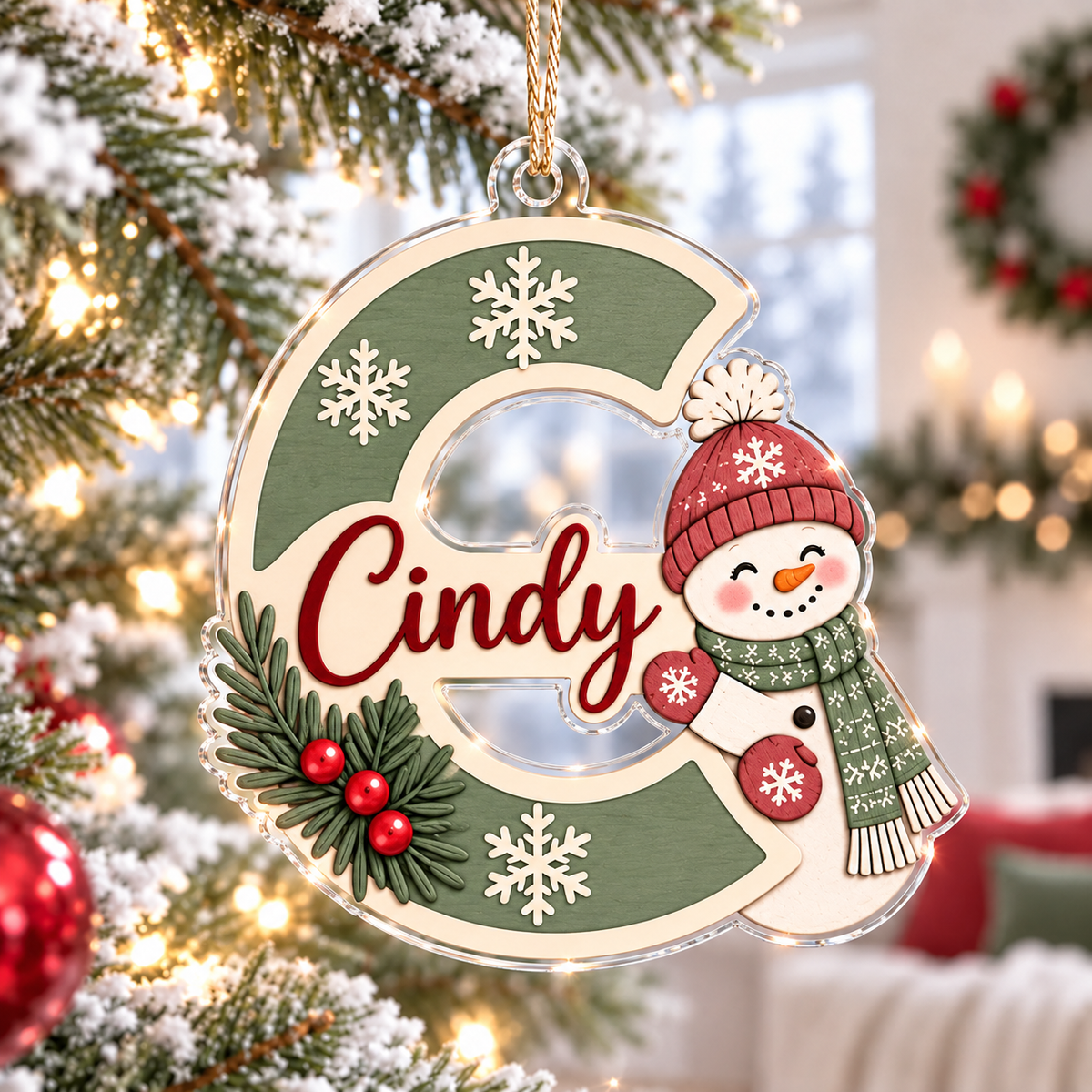 Personalized Initial Acrylic Ornament, Snowman Christmas Decoration, Custom Name Letter, Rustic Holiday Keepsake ACRYLICOR27