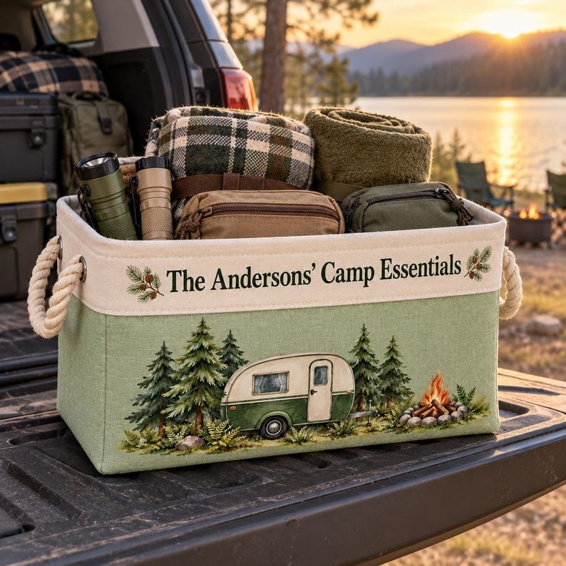 Personalized Fabric Storage Basket, Sage Green Camper Print with Rope Handles for Camping Gear BBPETAL35