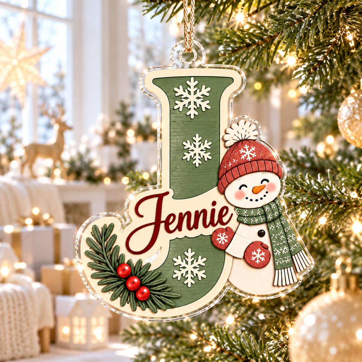 Personalized Initial Acrylic Ornament, Snowman Christmas Decoration, Custom Name Letter, Rustic Holiday Keepsake ACRYLICOR27
