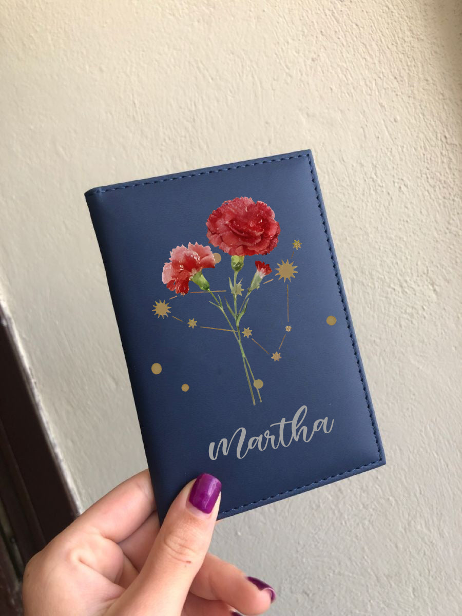 Personalized Birth Flower Zodiac Leather Passport Cover, Custom Name Passport Holder, Astrology Travel Wallet Gift for Her