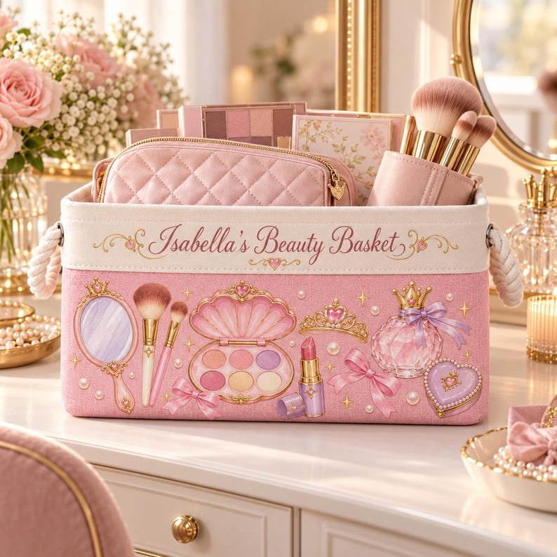 Personalized Fabric Storage Basket, Pink Princess Cosmetics Print with Rope Handles for Vanity Organization BBPETAL36