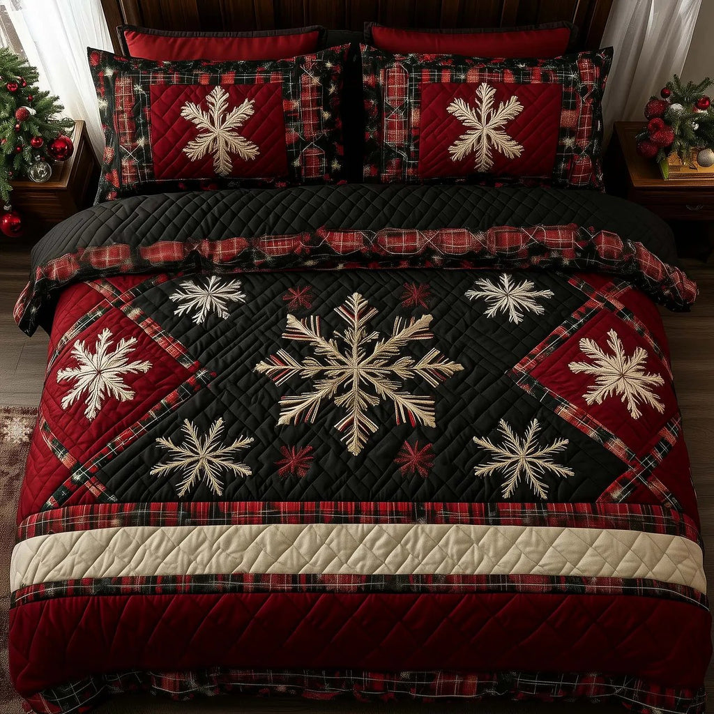 Christmas Snowflake Quilted Bedding Set, Snowflake Pattern Bedspread with Pillowcases, Festive Winter Bedroom Decor, Bedding Decor PTBED60