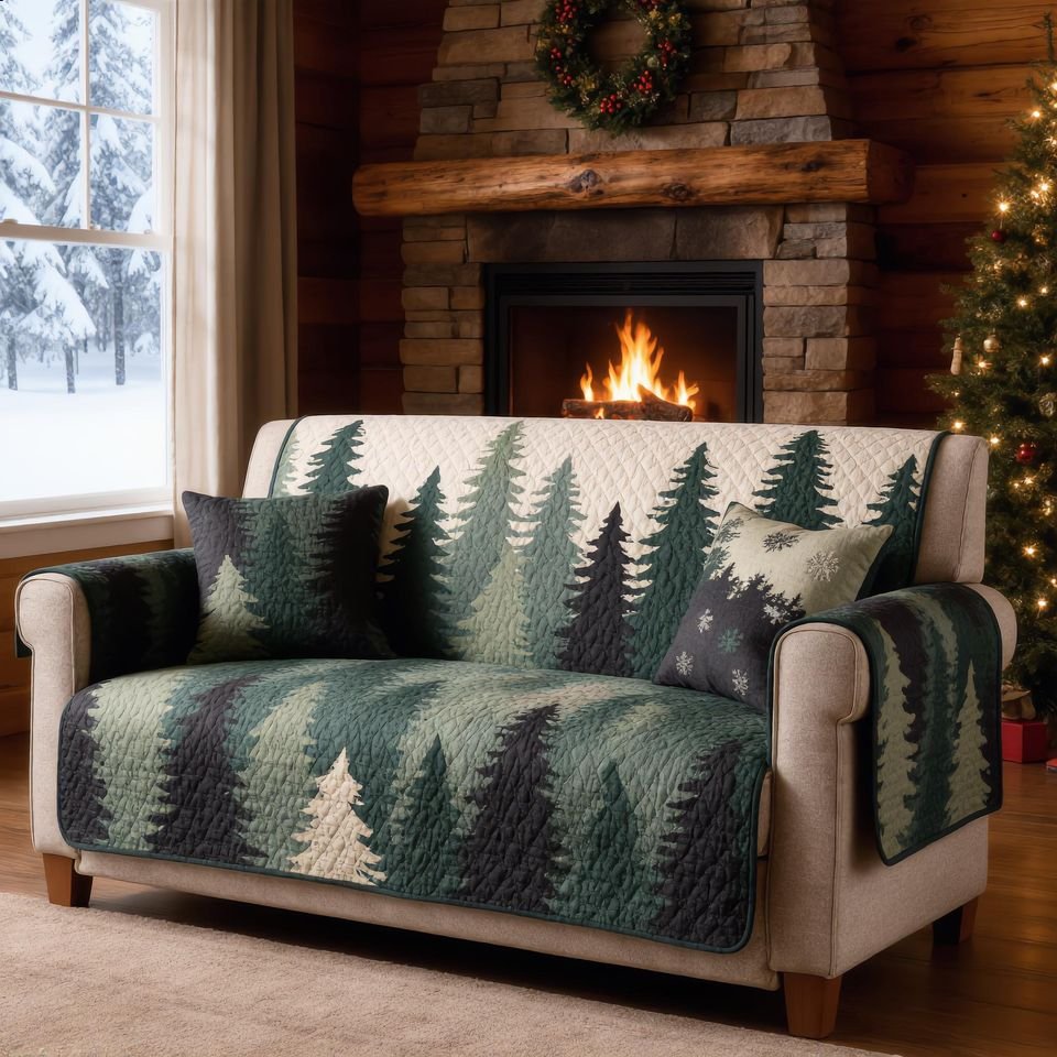 Personalized Evergreen Forest Pattern Quilted Sofa Cover, Forest Sofa Cover, Patchwork Couch Throw, Sofa Protector, Holiday Sofa Decor QUILTSOFA24