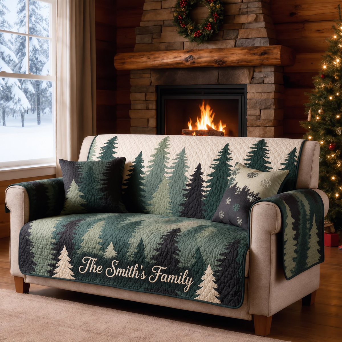Personalized Evergreen Forest Pattern Quilted Sofa Cover, Forest Sofa Cover, Patchwork Couch Throw, Sofa Protector, Holiday Sofa Decor QUILTSOFA24