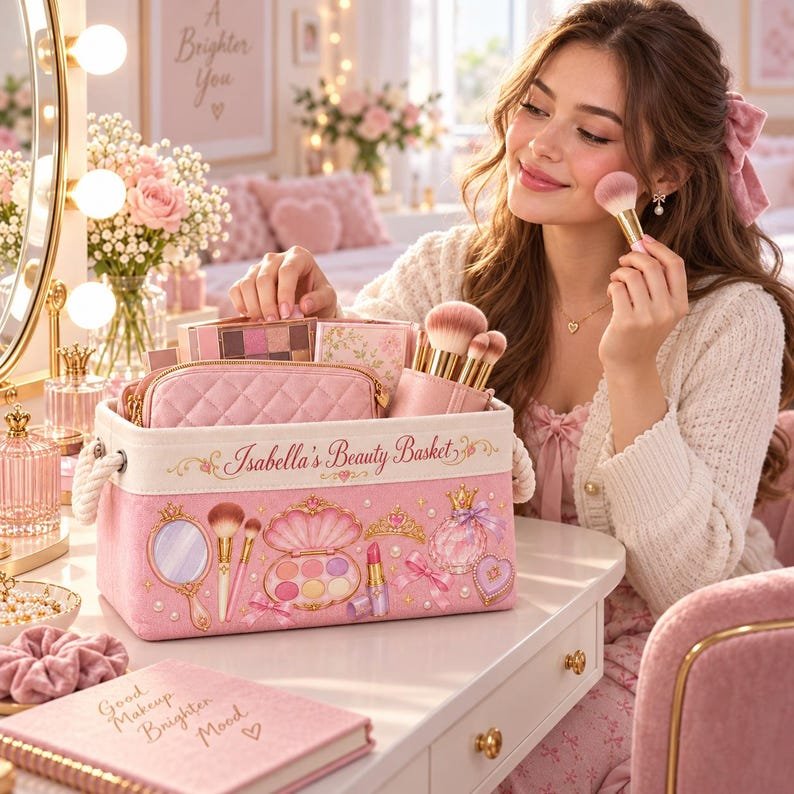 Personalized Fabric Storage Basket, Pink Princess Cosmetics Print with Rope Handles for Vanity Organization BBPETAL36