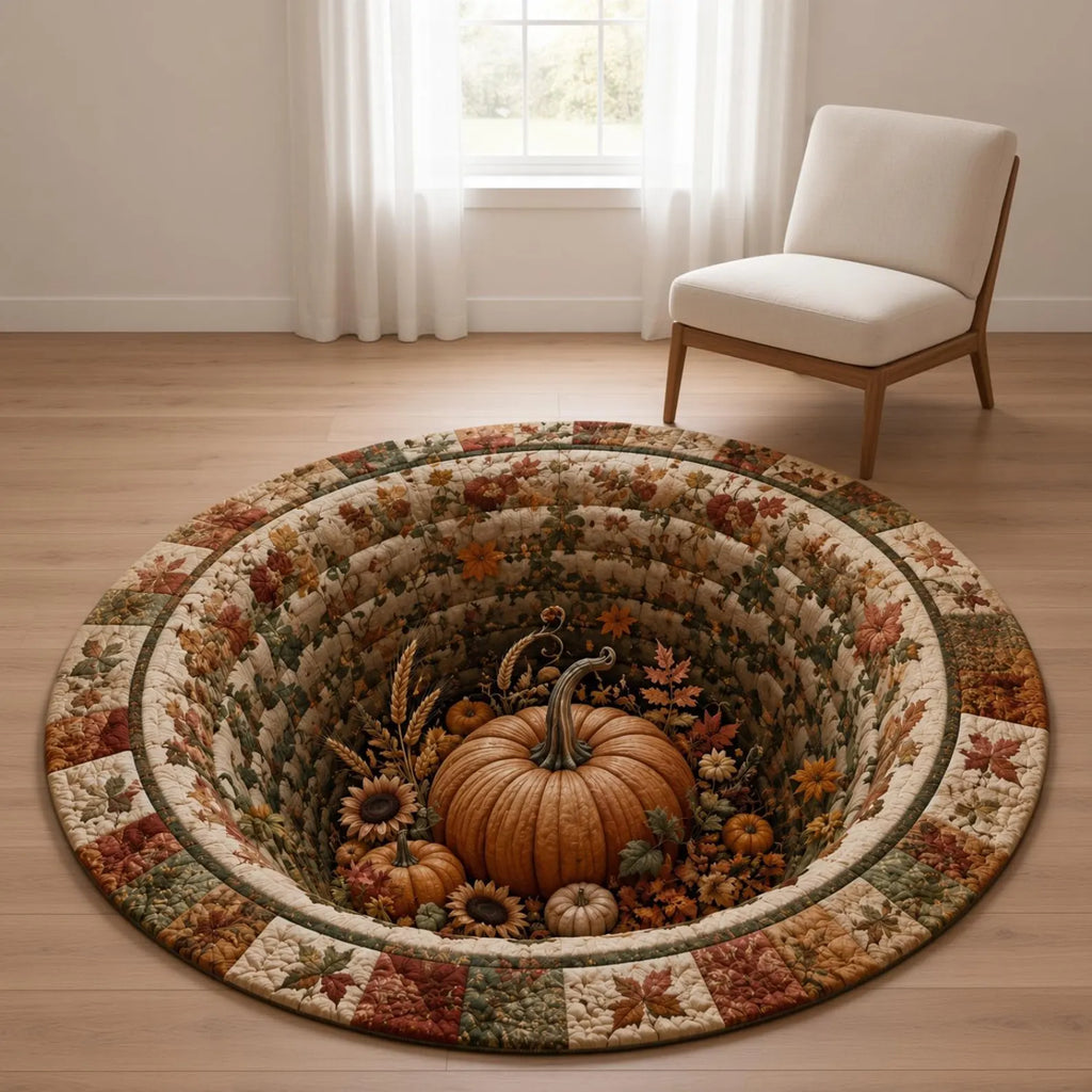 3D Pumpkin Patch Area Quilted Rug, Fall Harvest Rug, Autumn Patchwork Round Rug, Farmhouse Home Decor, Thanksgiving Floor Cozy Seasonal Rug. QRPETAL40