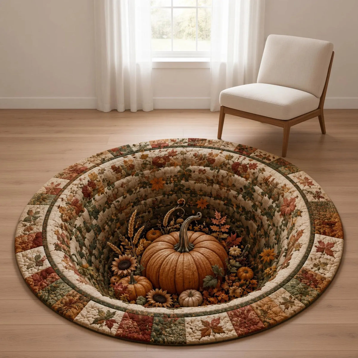 3D Pumpkin Patch Area Quilted Rug, Fall Harvest Rug, Autumn Patchwork Round Rug, Farmhouse Home Decor, Thanksgiving Floor Cozy Seasonal Rug. QRPETAL40