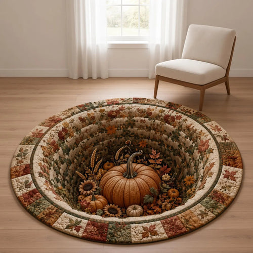 3D Pumpkin Patch Area Quilted Rug, Fall Harvest Rug, Autumn Patchwork Round Rug, Farmhouse Home Decor, Thanksgiving Floor Cozy Seasonal Rug. QRPETAL40