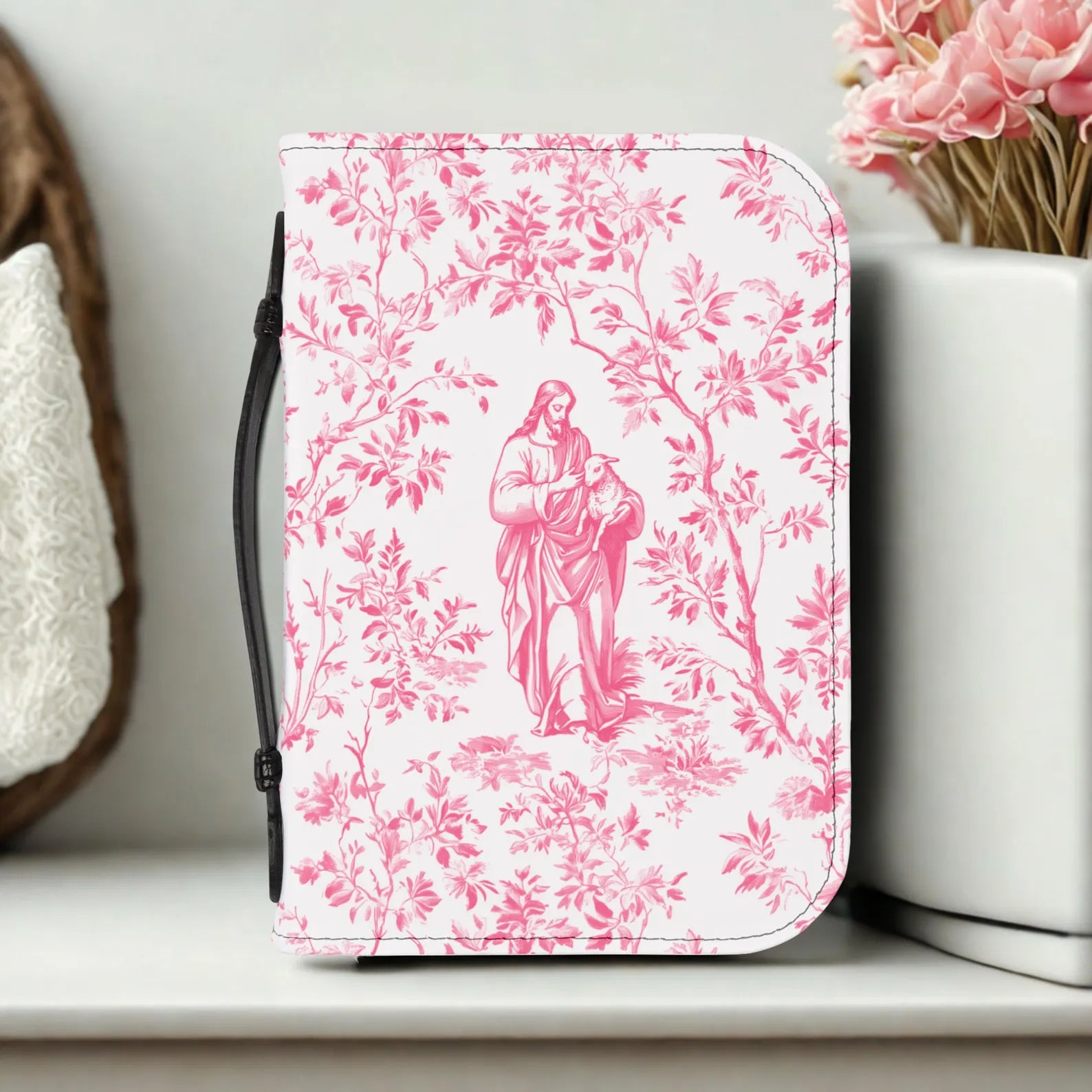Jesus Lost Lamb Bible Cover Pink Toile, Christian Coquette Bible Case for Women Jesus Lost Sheep French Toile Notebook Cover Gift for Girls. BCPETAL21