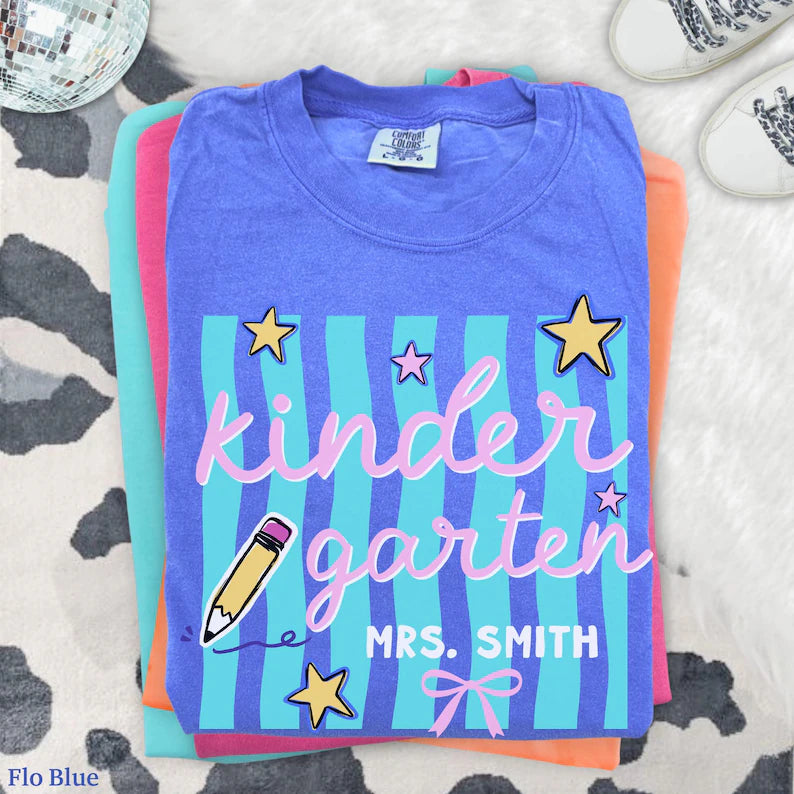 Custom Kindergarten Teacher Shirt, Comfort Colors® Kindergarten Tee, Retro Stripe Kindergarten Team Shirt, Back to School, Elementary Teach. SPETAL7