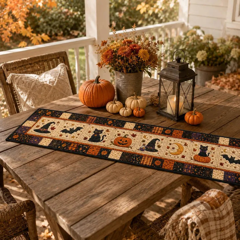 Halloween Quilted Table Runner: Black Cat, Pumpkin and Witch Patchwork October Dinners Decor, Winter Fall Spooky Table Linen. QTRPETAL13