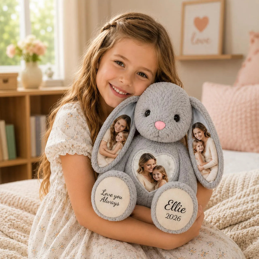 Custom Photo Bunny Plush, Personalized Hidden Ear Picture Stuffed Rabbit, Custom Bunny Gift for Couple, Baby, Mom & Pet Lover. BPPETAL3