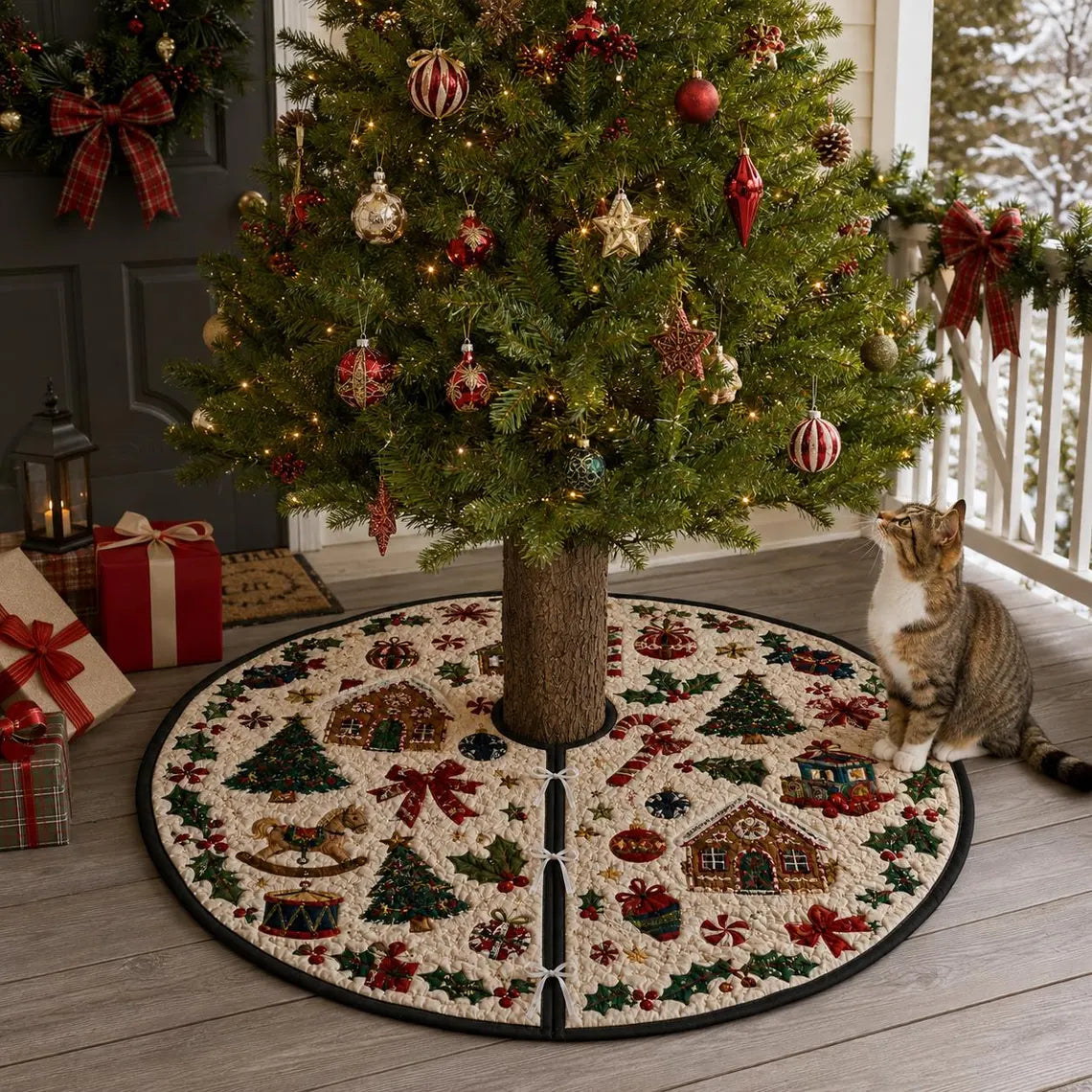 Quilted Christmas Tree Skirt, Gingerbread Christmas Tree Skirt, Vintage Holiday Tree Decor, Candy Cane Xmas Tree Skirt, Christmas Home Decor. CTSPETAL03