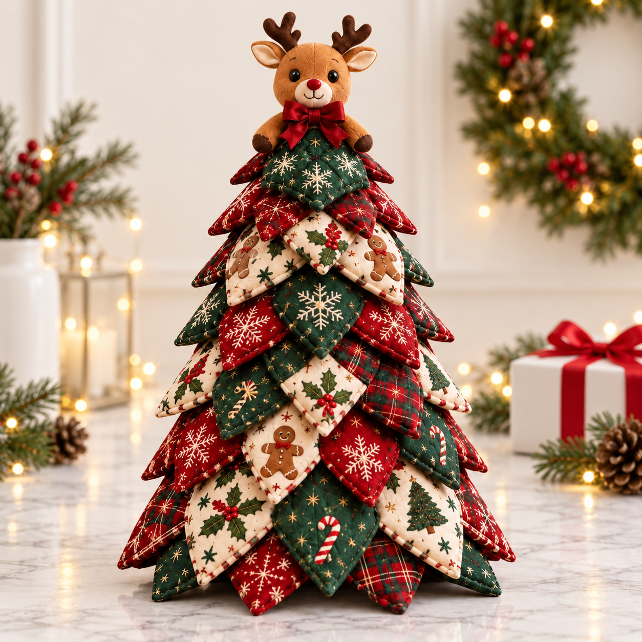 Handmade DIY Quilted Fabric Christmas Tree with Reindeer Topper, Rustic Holiday Tabletop Decoration – QCTPETAL17