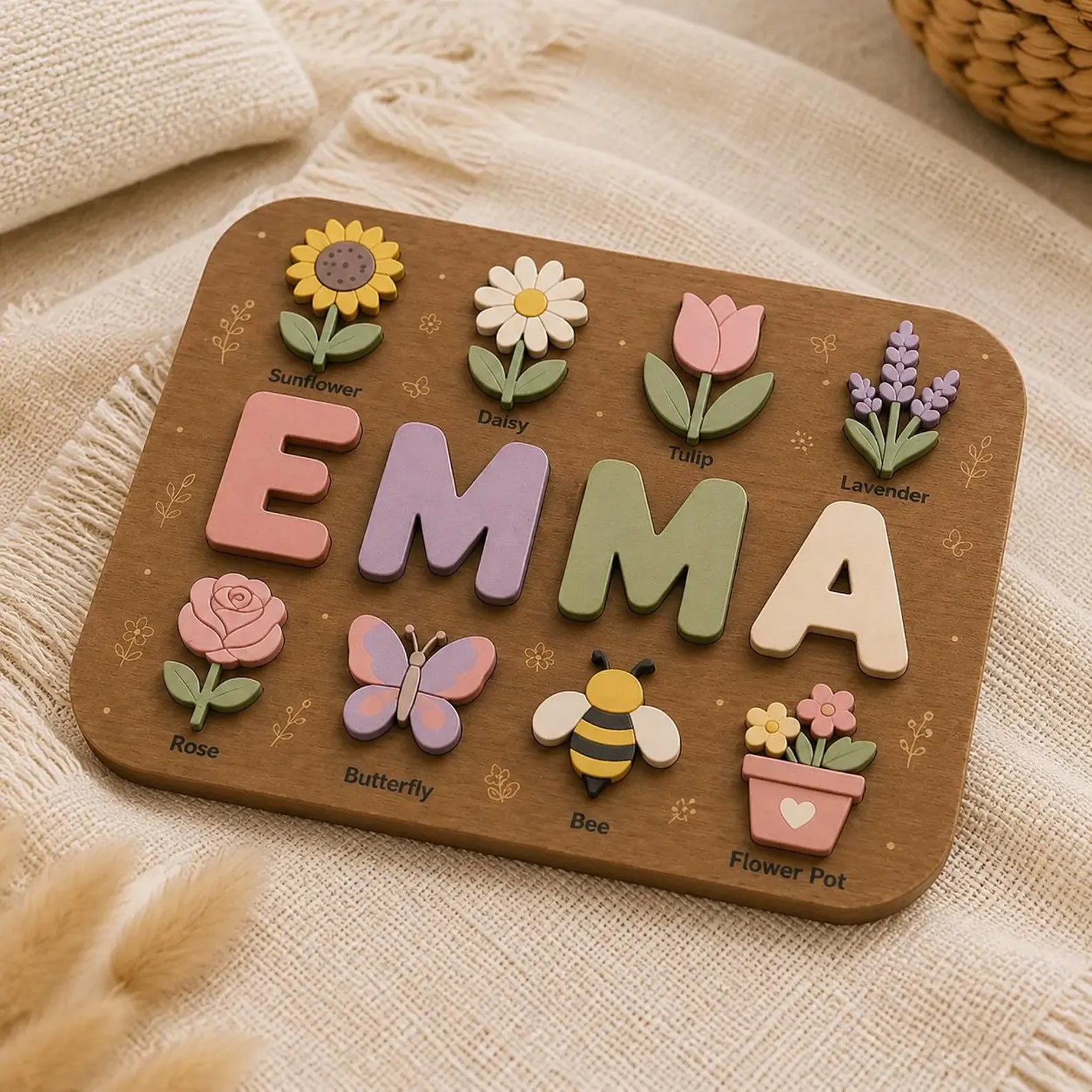 Personalized Flower Name Puzzle | Floral Wooden Name Puzzle | Custom Girl Name Puzzle | Montessori Toddler Gift. NPPETAL22