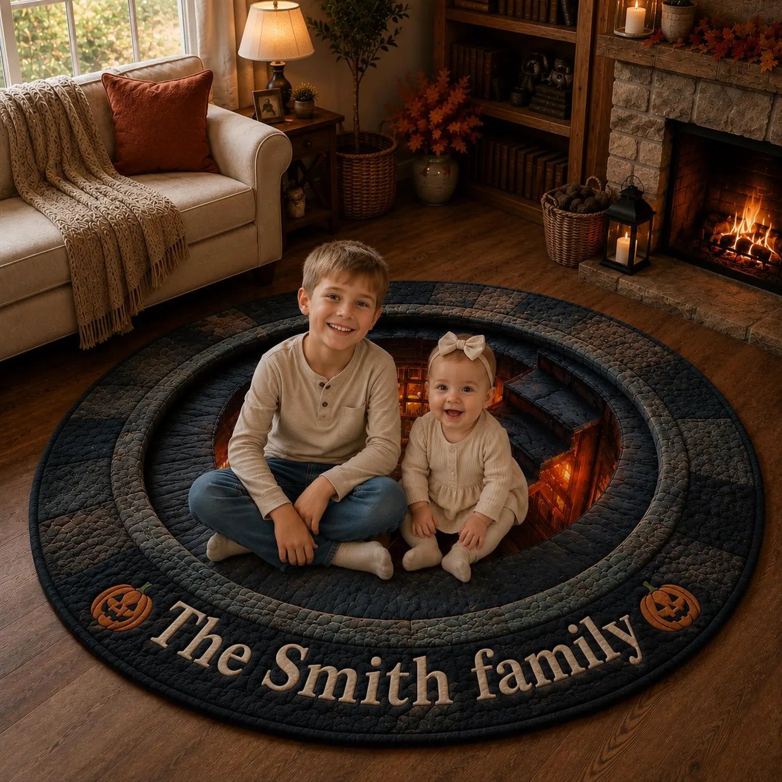 Hidden Library Portal Round Rug, Halloween 3D Illusion Floor Mat, Spooky Staircase Rug, Quilted Gothic Home Decor. QRPETAL22