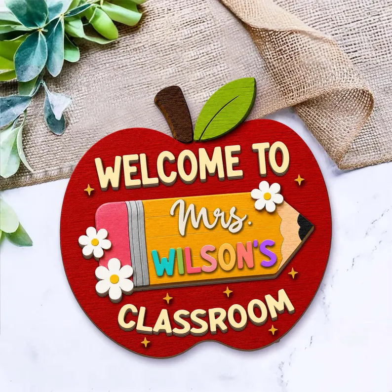 Personalized Apple Teacher Name Door Sign, Custom Welcome Door Hanger, Back to School 3D Wooden Classroom Decor, Teacher Appreciation Gifts. DHPETAL08