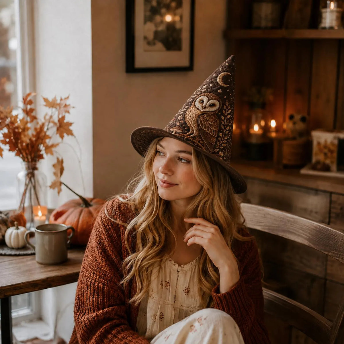 Quilted Owl Witch Hat, Celestial Woodland Wizard Hat, Brown Halloween Costume Accessory, Cottagecore Owl Hat. QWHPETAL21