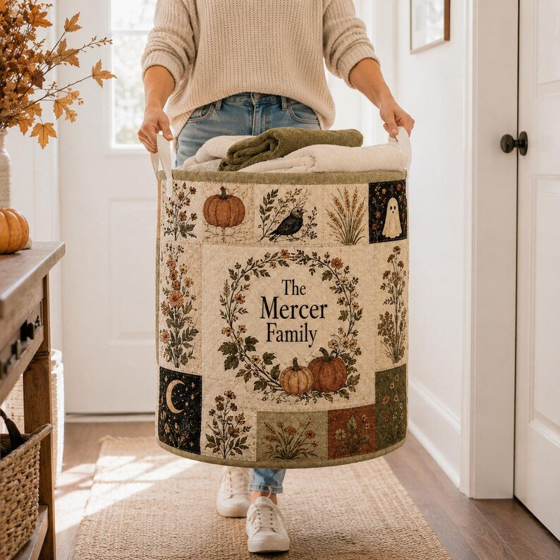 Personalized Halloween Quilt Laundry Basket, Custom Family Name Fall Storage Bin, Quilted Laundry Hamper Pumpkin Ghost Cat Home Decor Basket. LBPETAL144