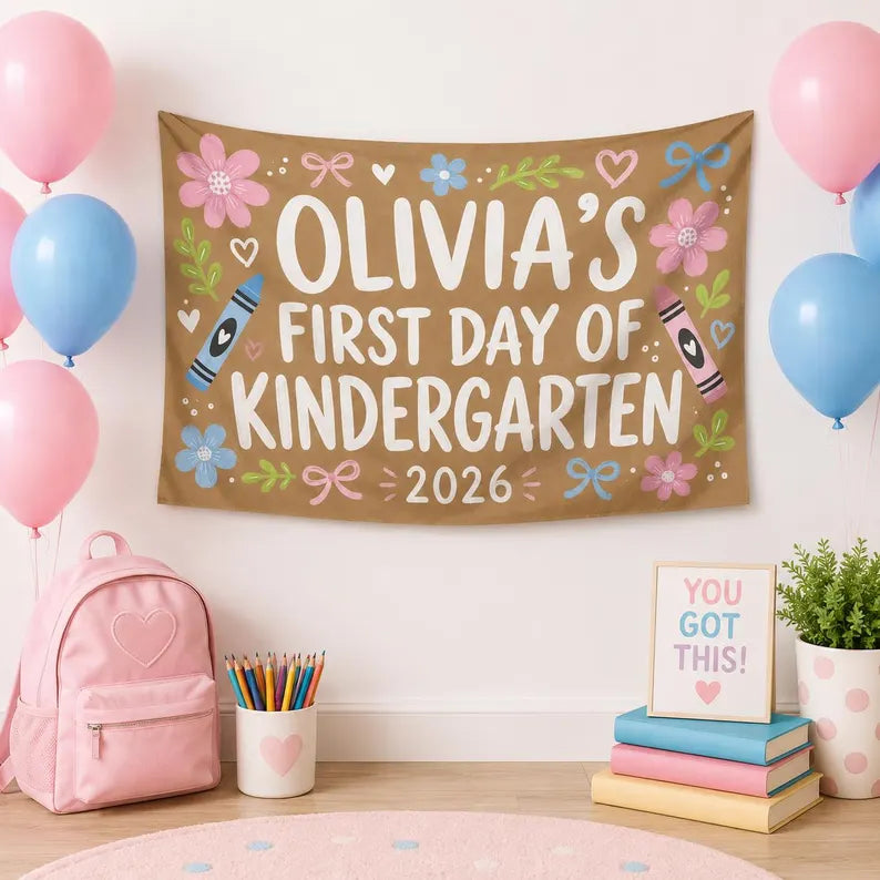 Custom First Day of Kindergarten Banner, Personalized Kid Name School Backdrop, Coquette Floral Back to School Photo Sign, 2026 Gift. CBPETAL10