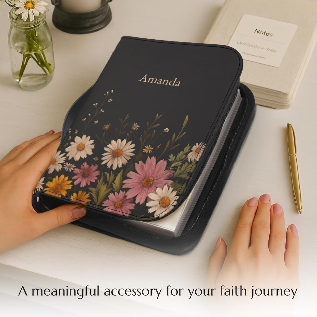 Personalized Floral Bible Cover with Handle, Daisy Zippered Bible Case Custom Name Christian Gift for Women Girls Flower Bible Bag for Mom. BCPETAL2