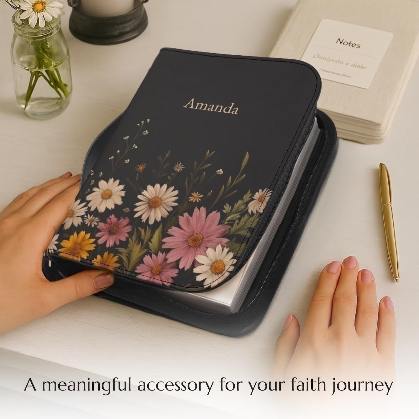 Personalized Floral Bible Cover with Handle, Daisy Zippered Bible Case Custom Name Christian Gift for Women Girls Flower Bible Bag for Mom. BCPETAL2