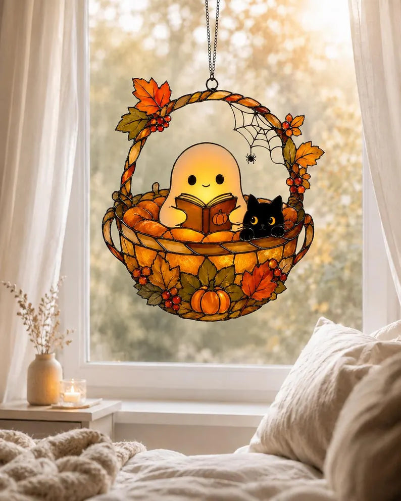 Ghost Reading Book Suncatcher, Ghost And Black Cat in Teacup Acrylic Suncatcher, Book Lover Gift, Ghost Reading Suncatcher Ornament. HSPETAL9