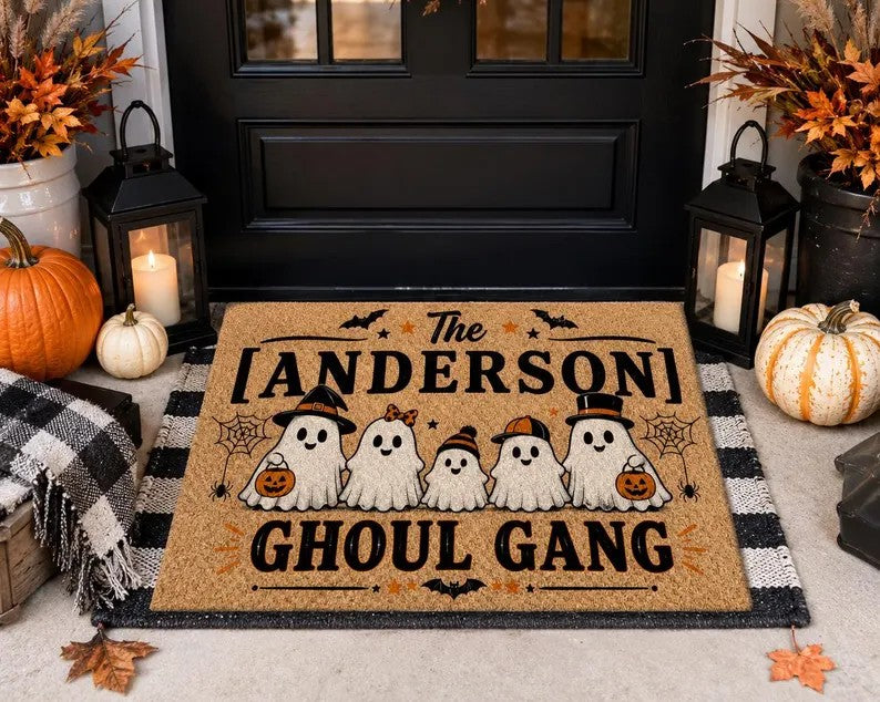 Personalized Halloween Doormat, Ghoul Gang Family Name Mat, Custom Ghost Doormat, Fall Porch Decor, Halloween Welcome Mat Gift. DMPETAL14