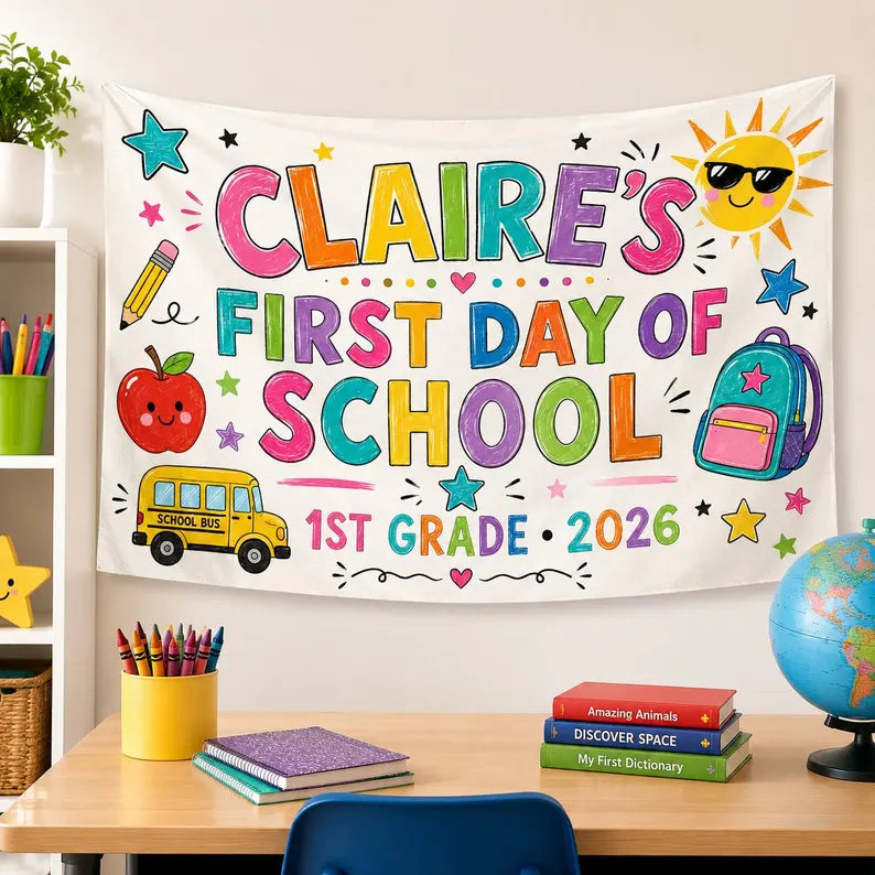 Custom First Day of School Banner, Personalized Kid Name Grade Backdrop, Back to School Photo Sign, Classroom Decor Gift 2026. CBPETAL05
