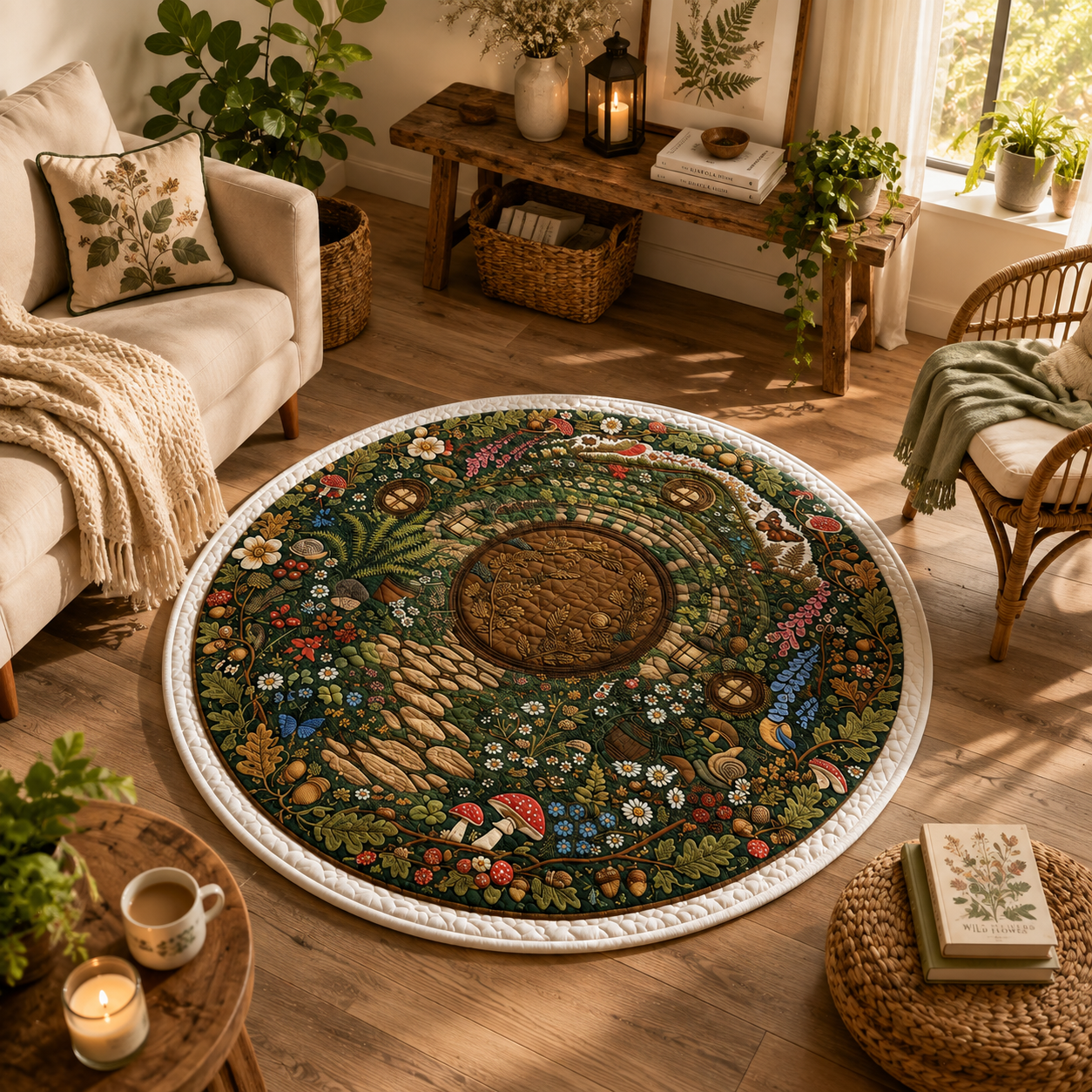 Hobbit Door Round Rug, Fairy Garden Carpet, Cottagecore Woodland Fantasy Area Rug. QRPETAL14