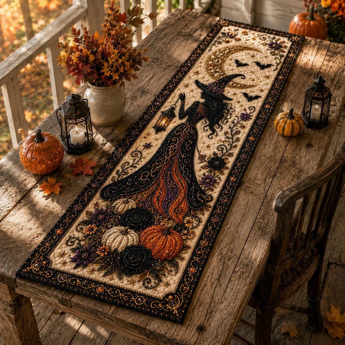 Halloween Witchy Table Runner, Witch Black Cat Cauldron Pumpkin Quilted Table Decor, Spooky Gothic Haunted Cottage Fall Dining Room Decor.QTRPETAL18