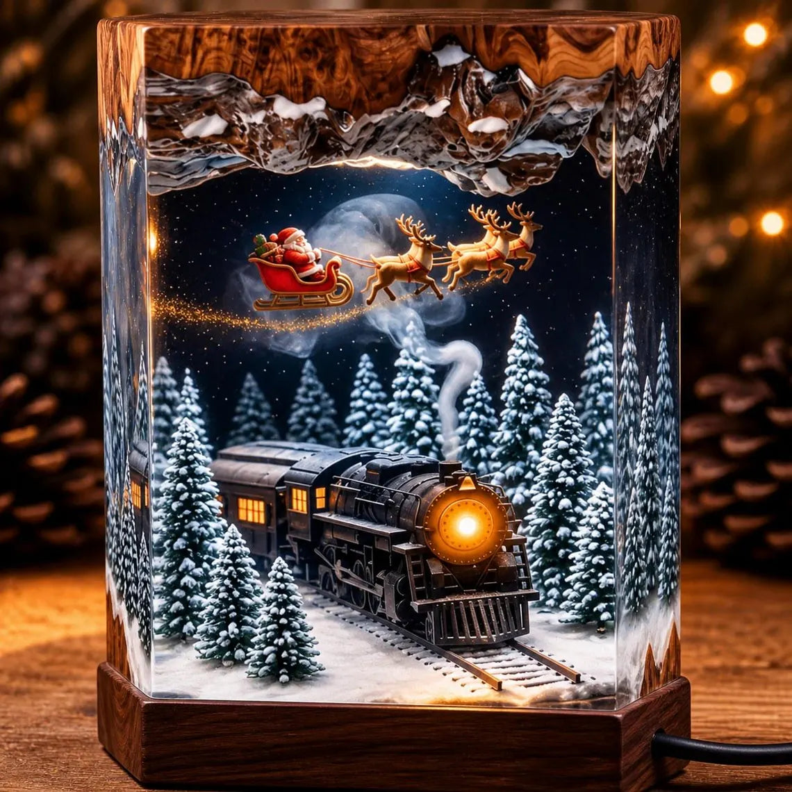 Christmas Train Resin Night Light – Santa, Sleigh, Snowy Trees (Plug-in). RLPETAL10