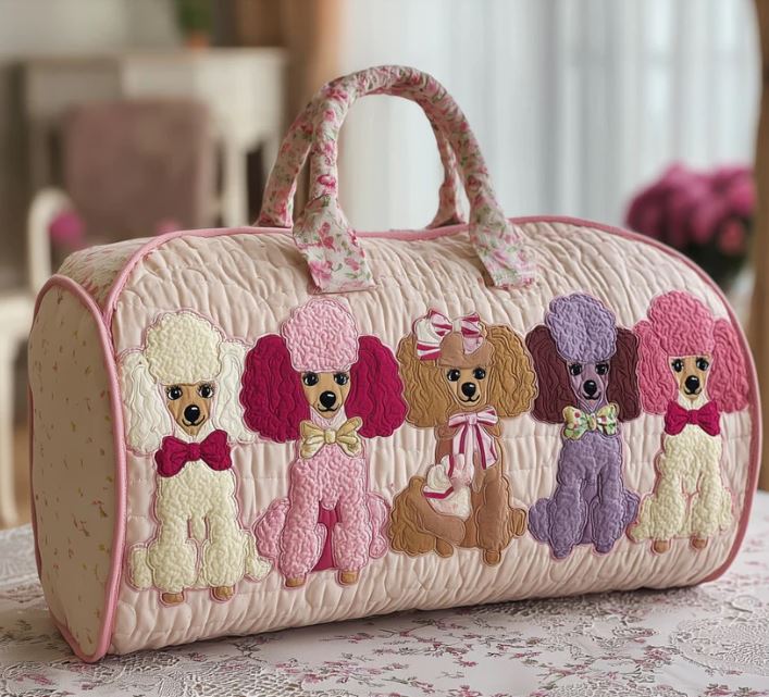 Cute Poodle Quilted Duffle Bag – Pink Dog Lover Travel Weekender Tote, Kawaii Puppy Overnight Bag, Girly Duffel Gift for Women & Girls