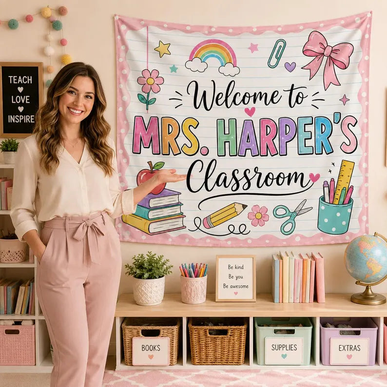 Personalized Teacher Classroom Tapestry, Custom Welcome to Classroom Wall Hanging, Pastel Teacher Decor, Back to School Classroom Banner. CBPETAL03